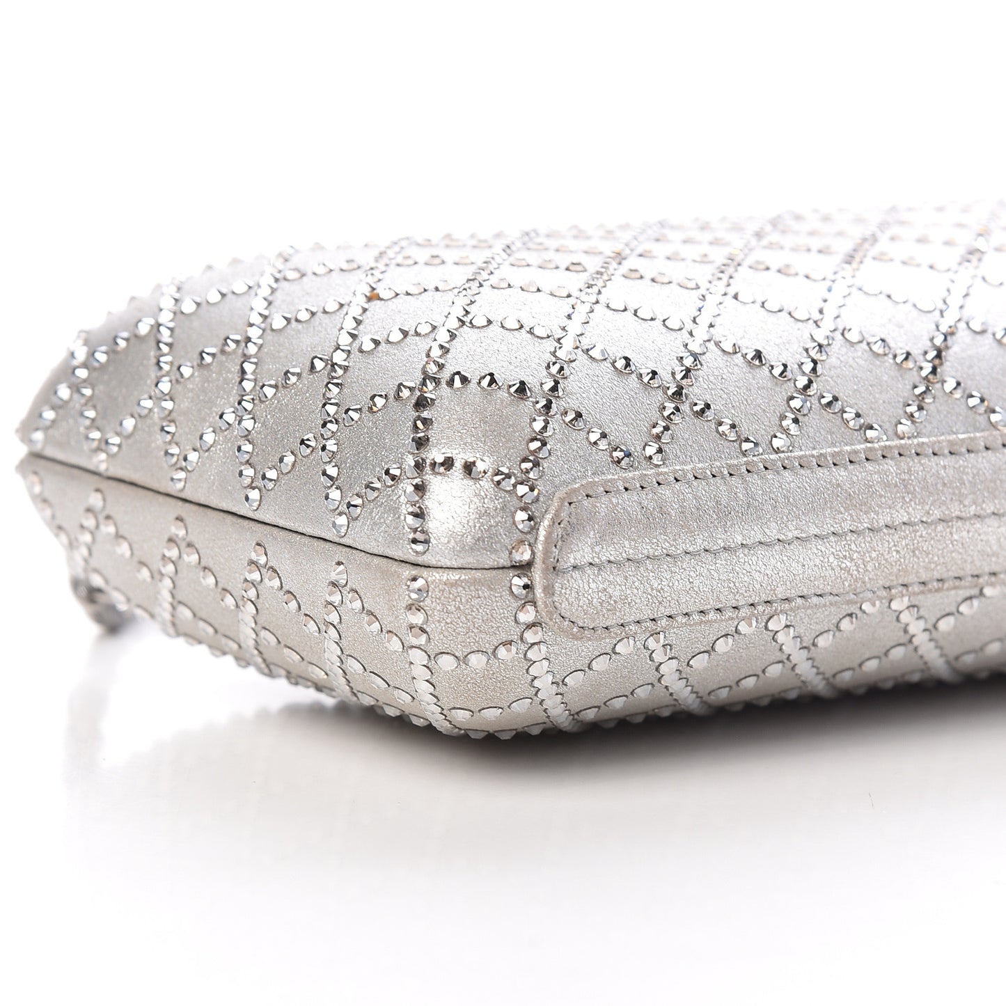 Iridescent Lambskin Crystal Quilted Clutch Silver