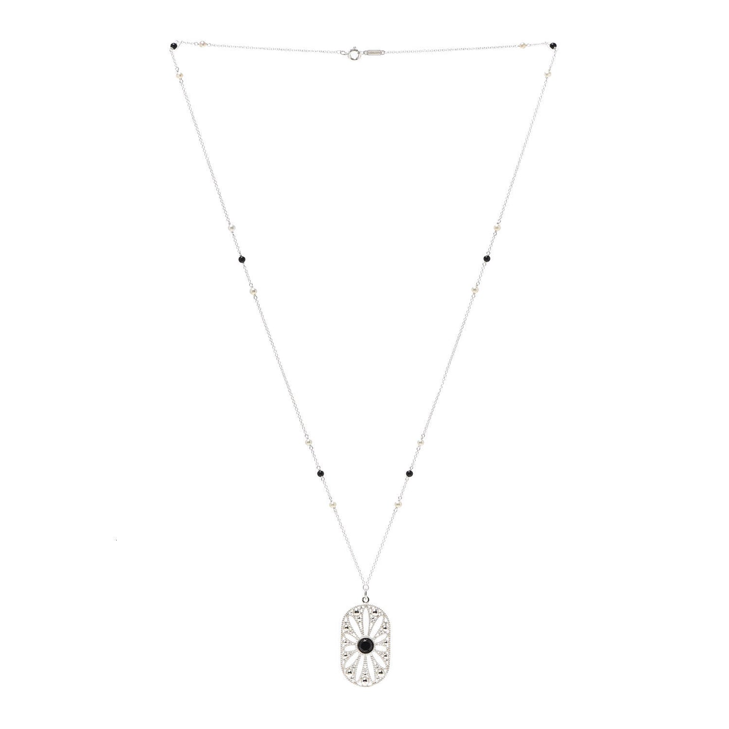 Sterling Silver Black Onyx Pearl Ziegfeld Daisy Pendant Necklace