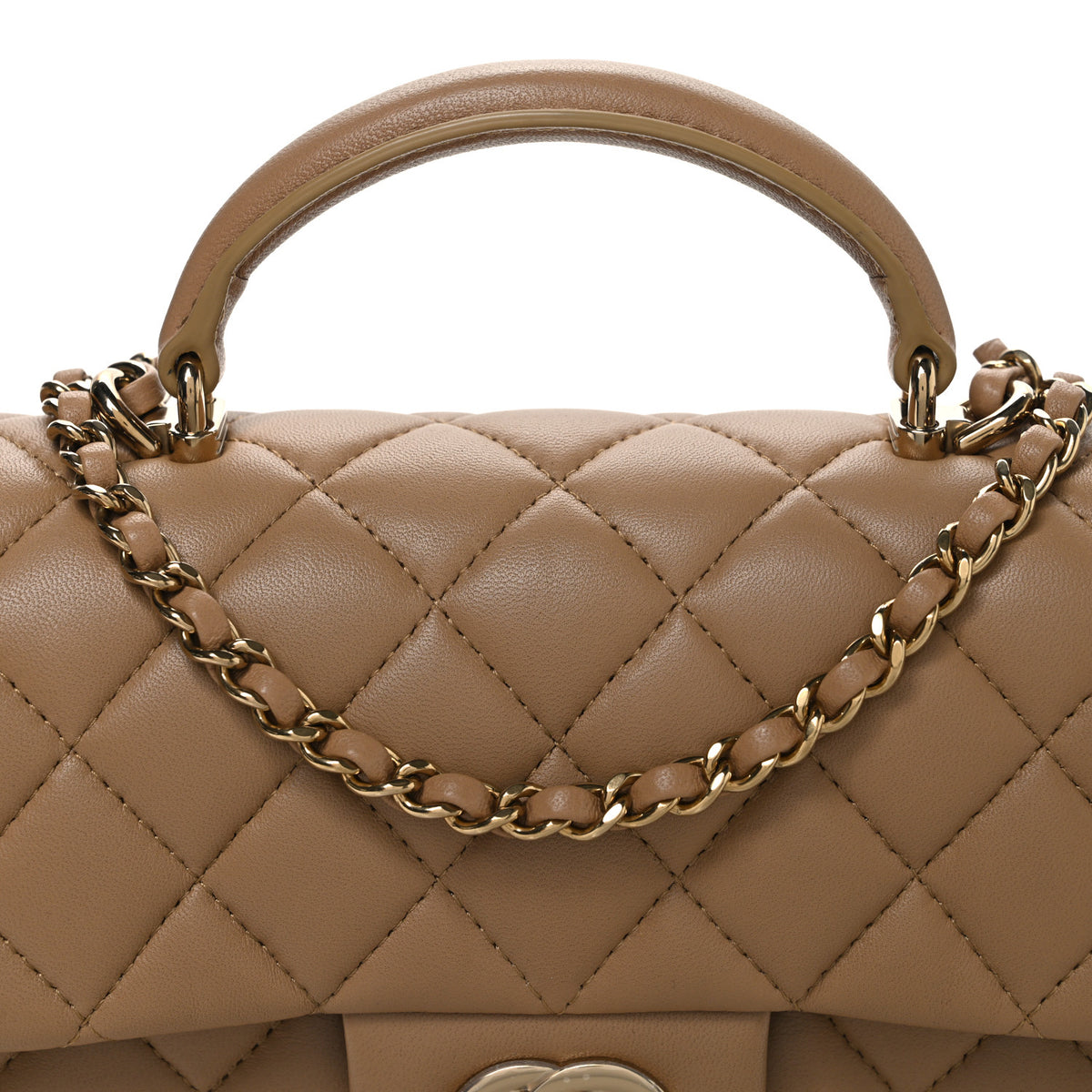 Lambskin Quilted Mini Top Handle Rectangular Flap Dark Beige