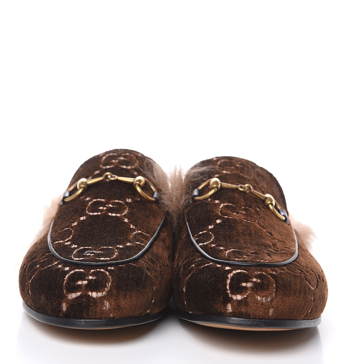 Velvet GG Monogram Fur Womens Princetown Slippers 37.5 Brown Black Natural