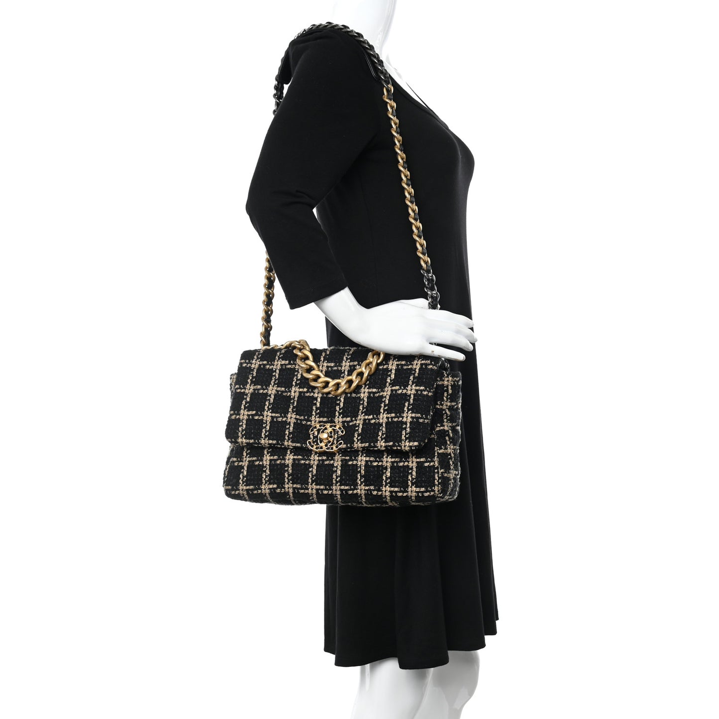 Tweed Quilted Large Chanel 19 Flap Black Beige