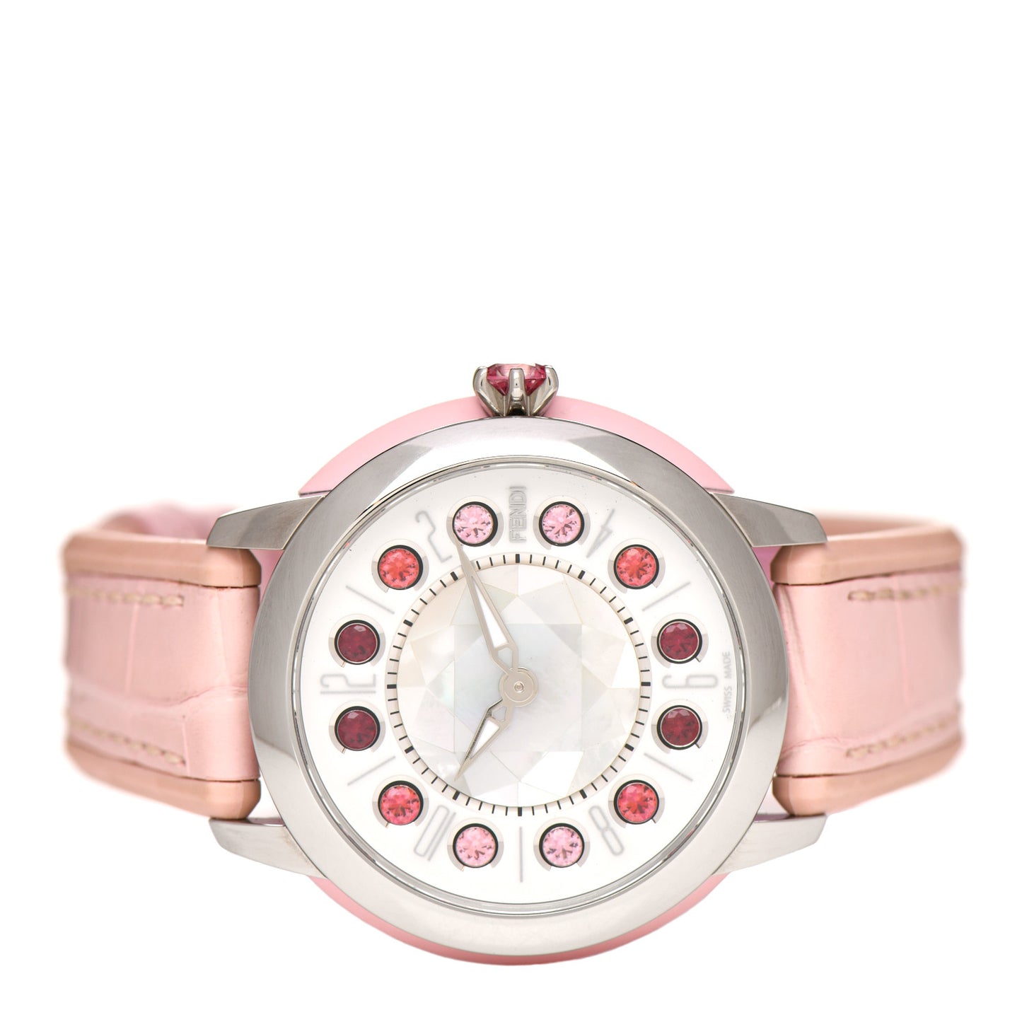 Stainless Steel Alligator Mother of Pearl Topaz Spinel 38mm Ishine Rotating Gem Quartz Watch