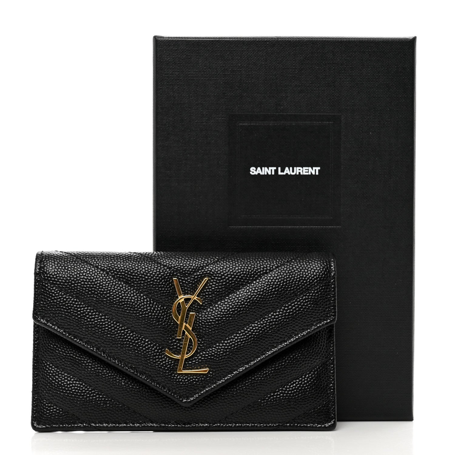 Saint Laurent Grain De Poudre Matelasse Chevron Monogram Compact Wallet Black 7 of 7