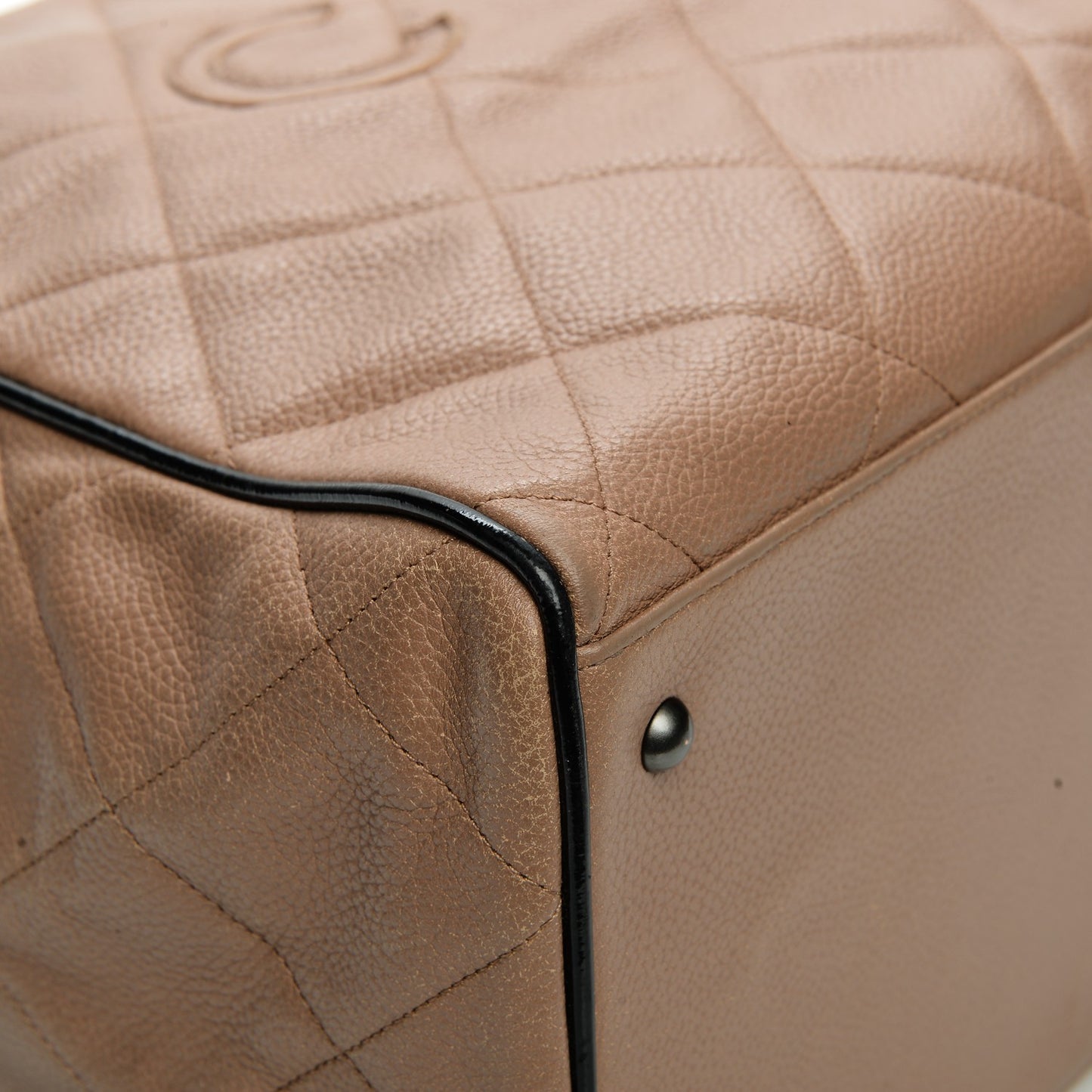 Caviar Patent Quilted Large Bowler Bag Beige Black