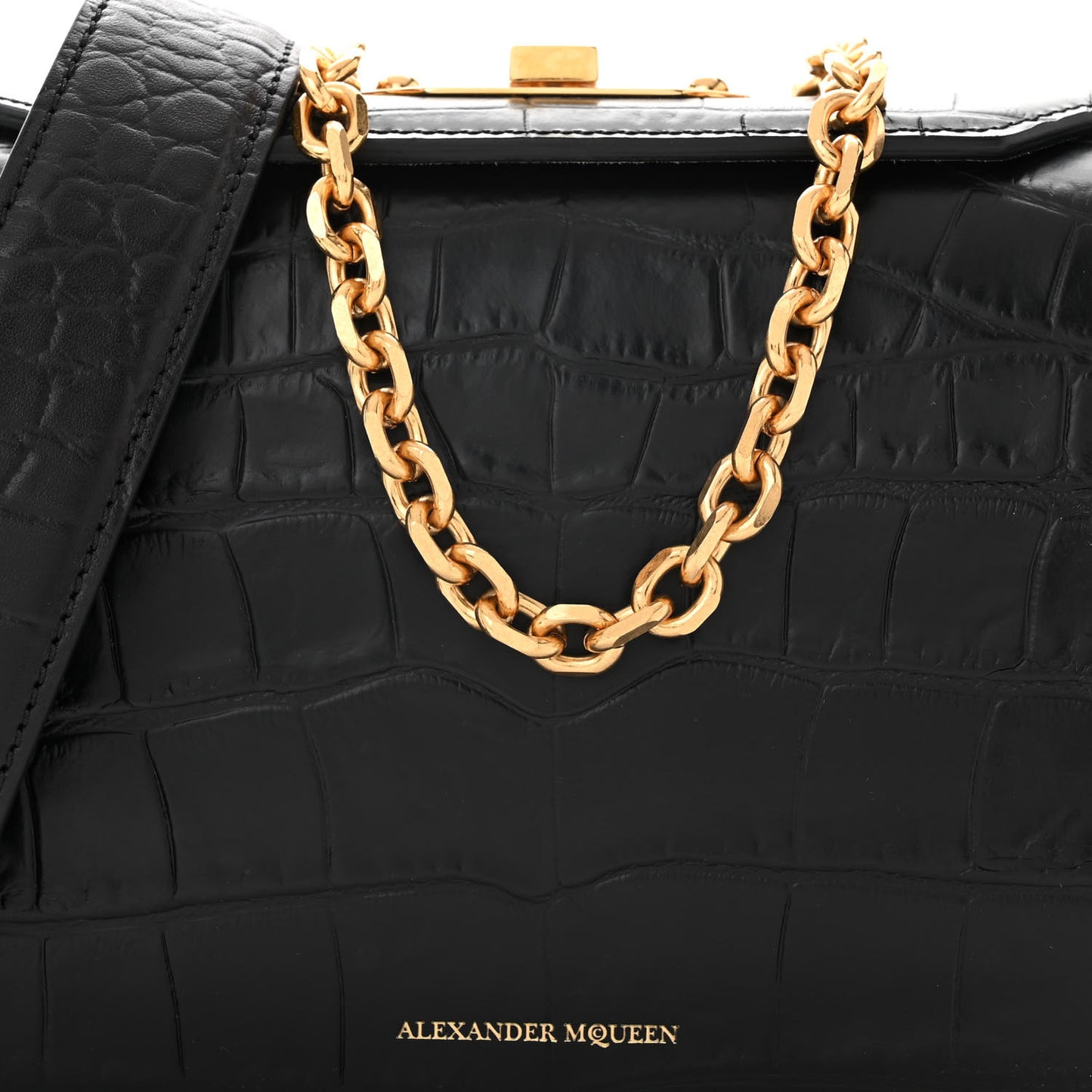 Calfskin Crocodile Embossed Box Shoulder Bag 19 Black