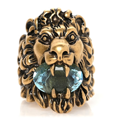 Gucci Metal Crystal Lion Head Ring 58 8.25 Aged Gold 1 of 5