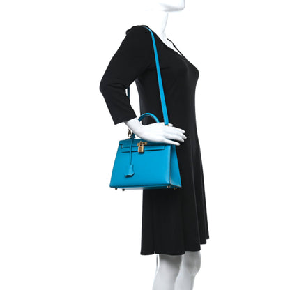 Hermes Epsom Kelly Sellier 25 Bleu Frida 2 of 10