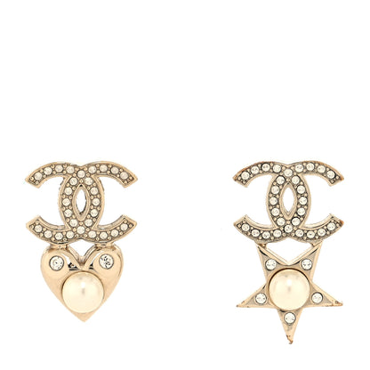 Chanel Crystal Pearl Charming Winter CC Star Heart Earrings Gold 1 of 4