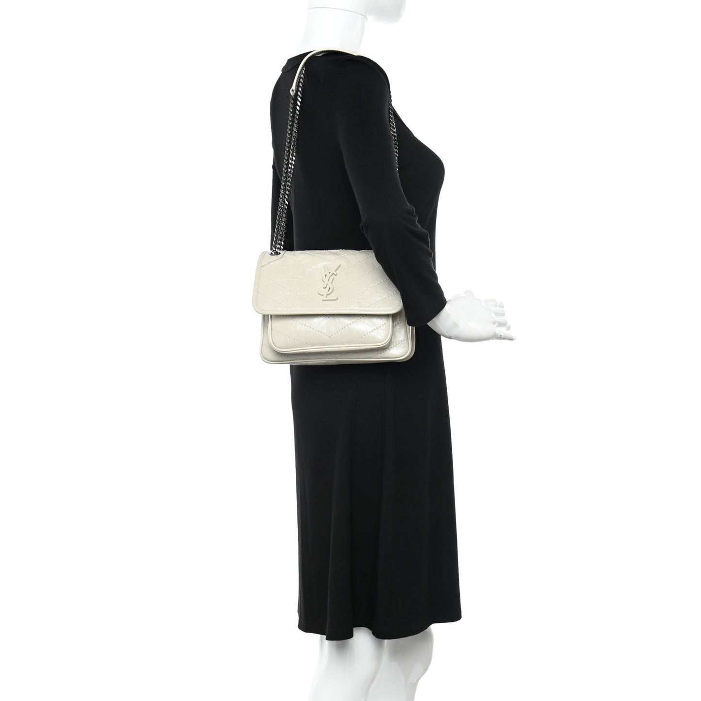 Crinkled Calfskin Matelasse Monogram Baby Niki Chain Satchel Ivory
