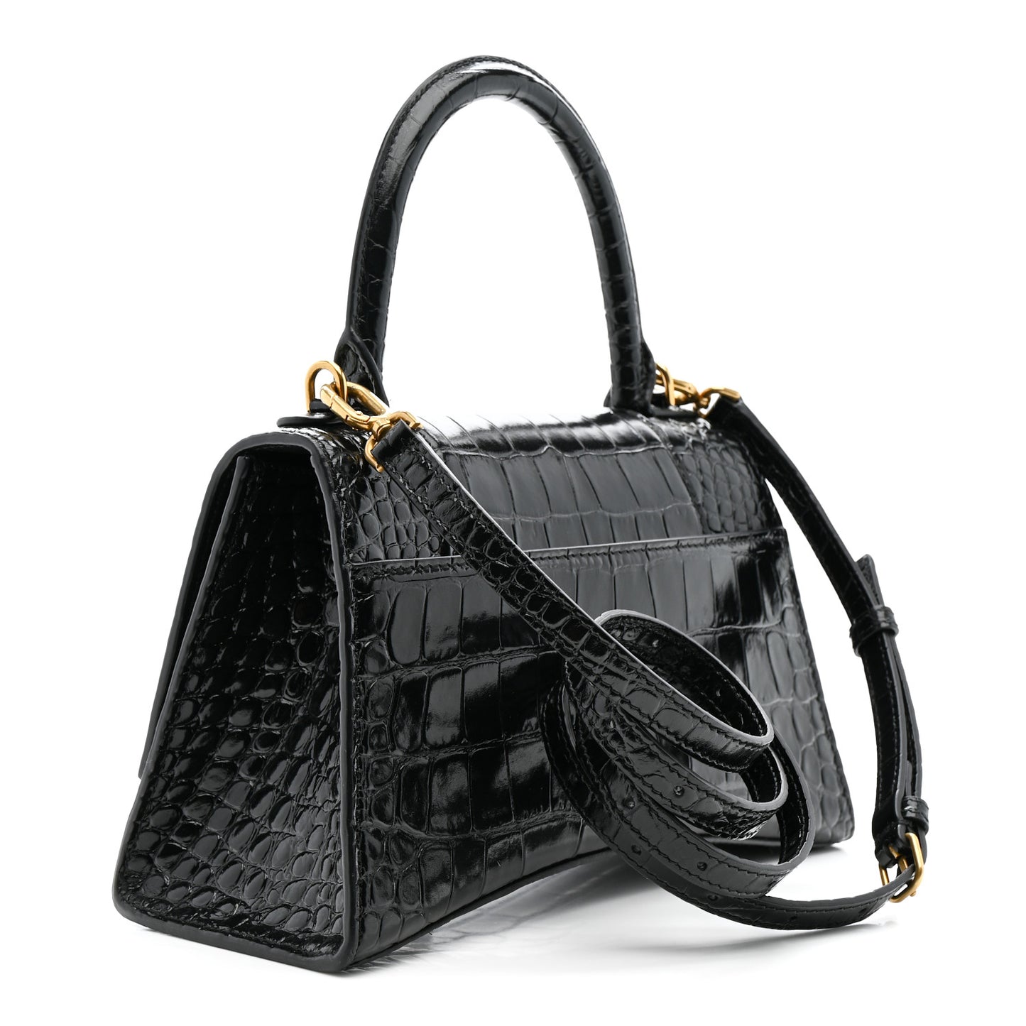 Shiny Calfskin Crocodile Embossed Small Hourglass Top Handle Bag Black