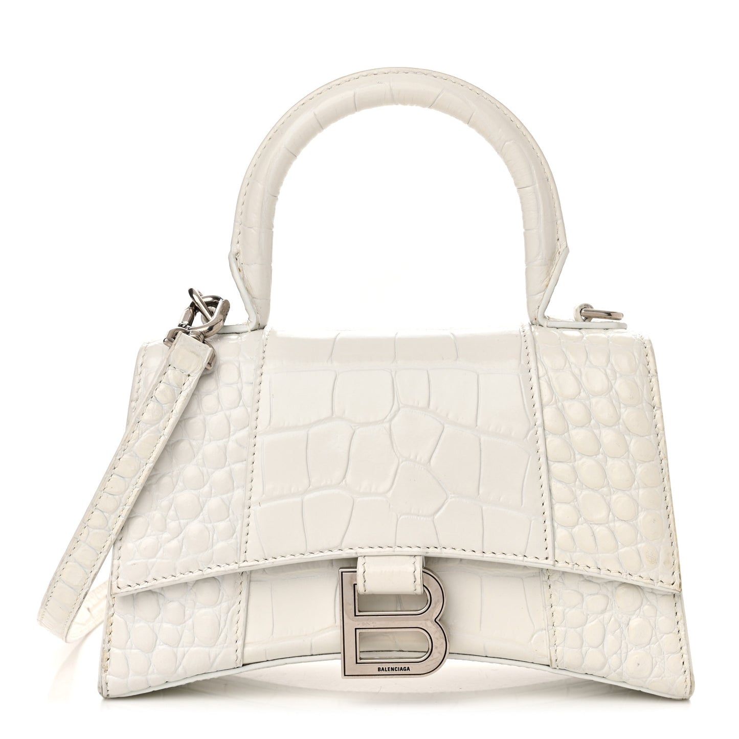 Shiny Calfskin Crocodile Embossed Hourglass Top Handle Bag XS White