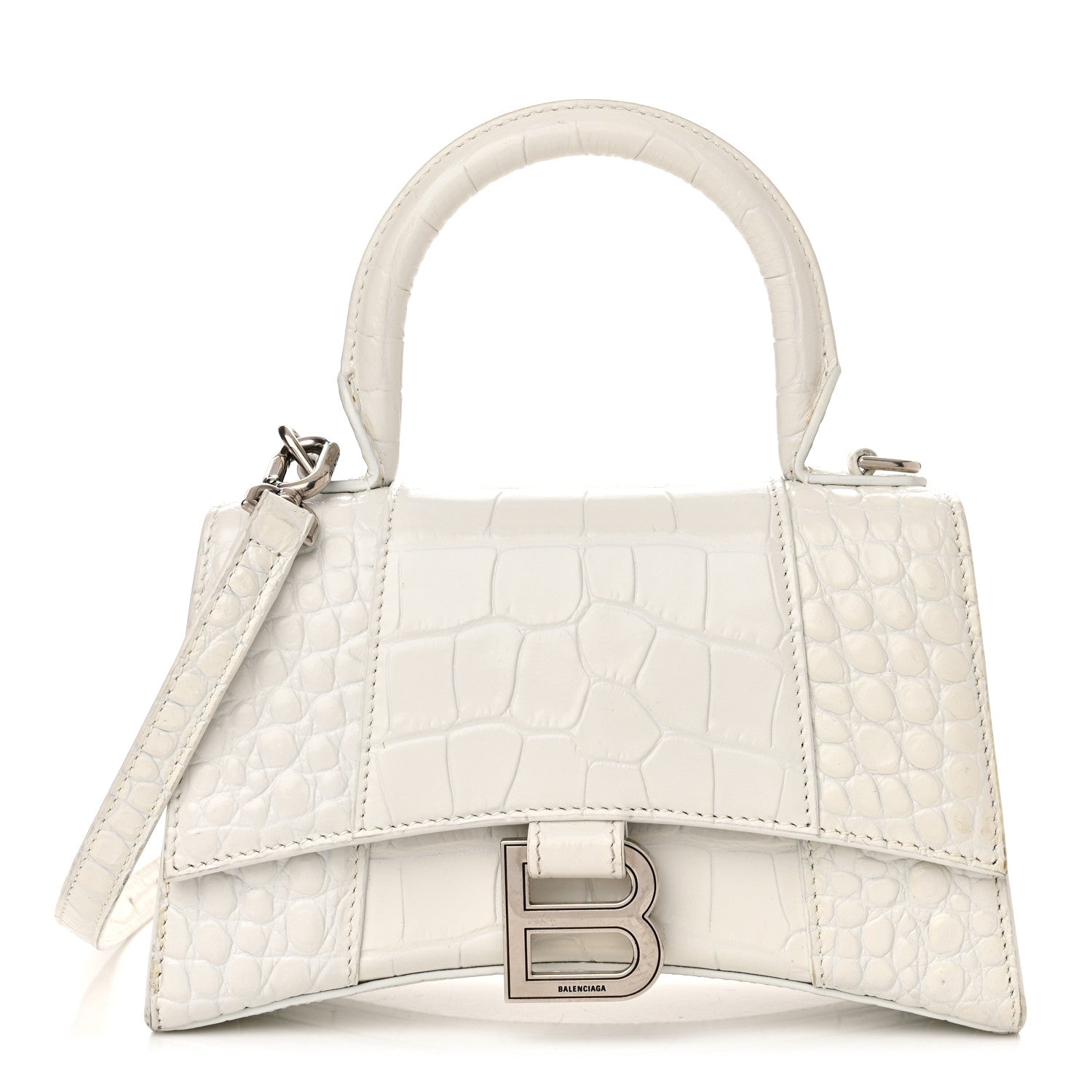 Balenciaga Shiny Calfskin Crocodile Embossed Hourglass Top Handle Bag XS White 1 of 11