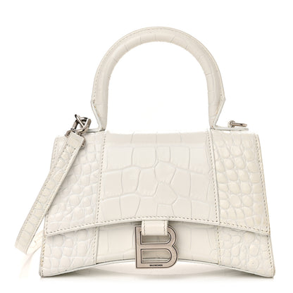 Balenciaga Shiny Calfskin Crocodile Embossed Hourglass Top Handle Bag XS White 1 of 11