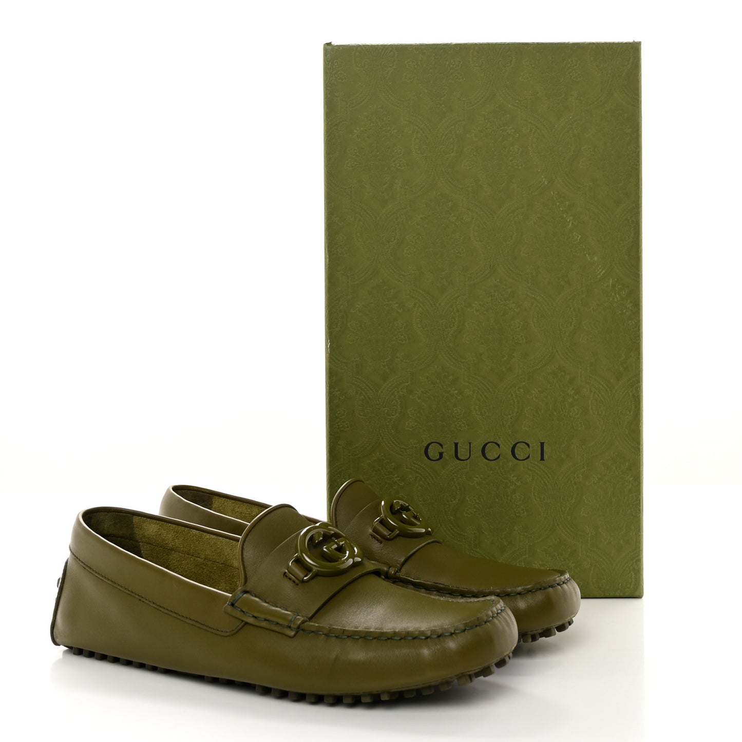 Soft Clove Calfskin Monochrome Mens Interlocking G Driver Loafers 7 Juniper Green