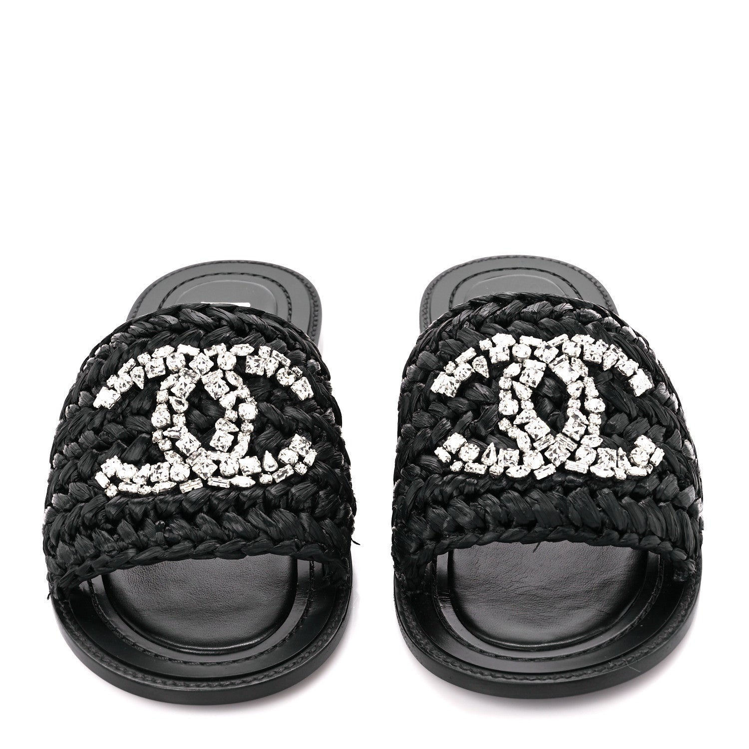 Chanel Raffia Crystal CC Mules Sandals 38.5 Black 2 of 9