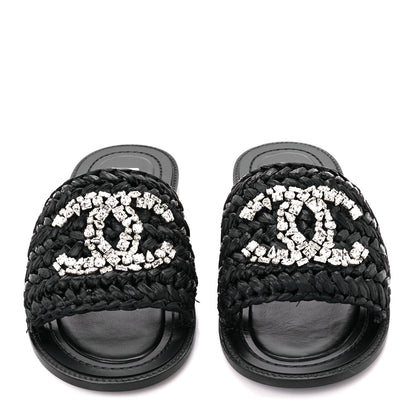 Chanel Raffia Crystal CC Mules Sandals 38.5 Black 2 of 9