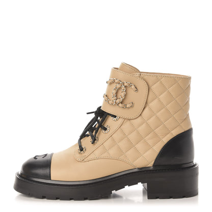 Chanel Lambskin Calfskin Quilted Lace Up Combat Boots 38.5 Beige Black 1 of 9