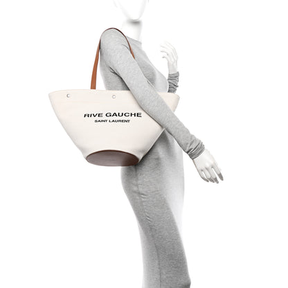 Saint Laurent Canvas Calfskin Rive Gauche Trapezoid Tote Beige 2 of 11