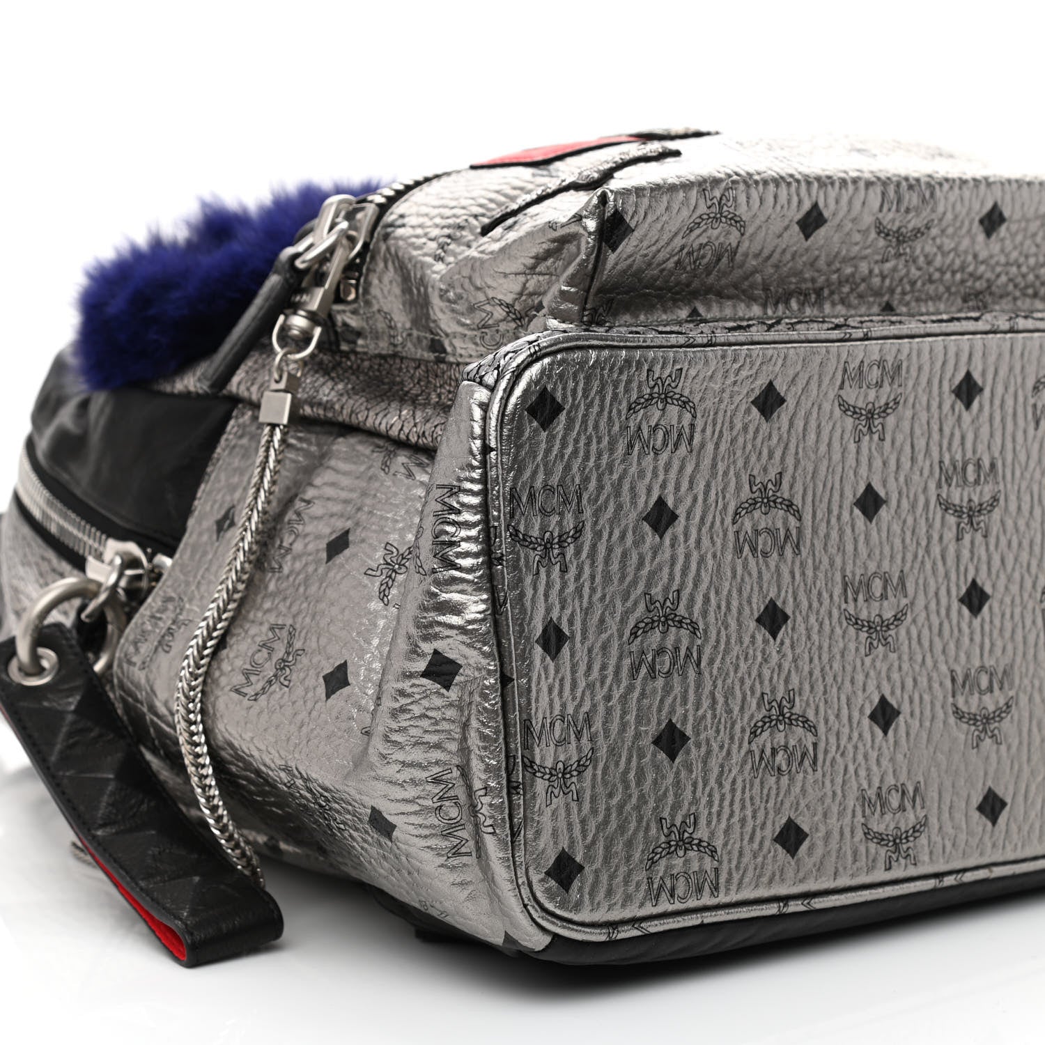 MCM Metallic Visetos Medium Fox Fur Insignia Side Stud Stark Backpack Silver Black 10 of 11