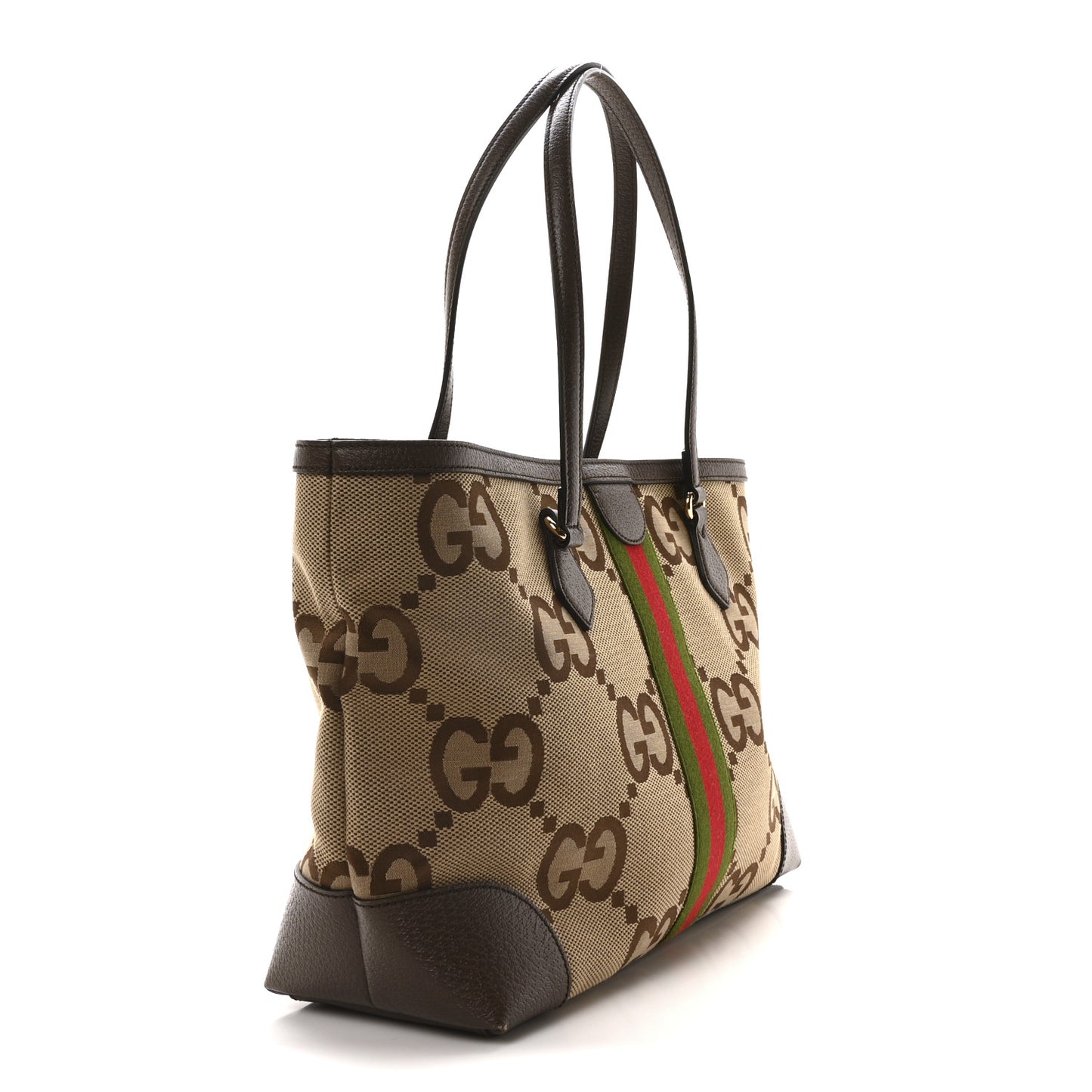 Monogram Jumbo GG Textured Dollar Calfskin Web Medium Ophidia Shopping Tote Camel Ebony