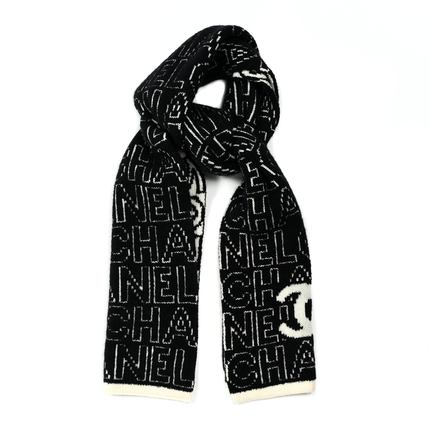Chanel Cashmere Wool Silk CC Scarf Black White 1 of 3
