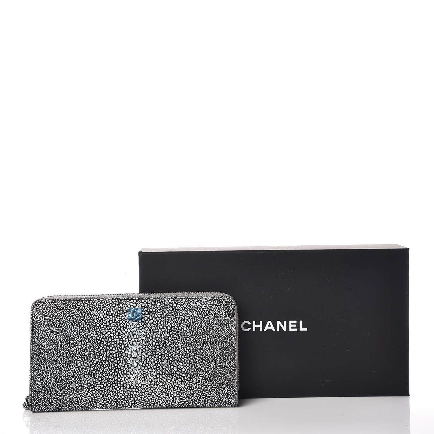 Metallic Galuchat Stingray Zip Around Wallet Silver