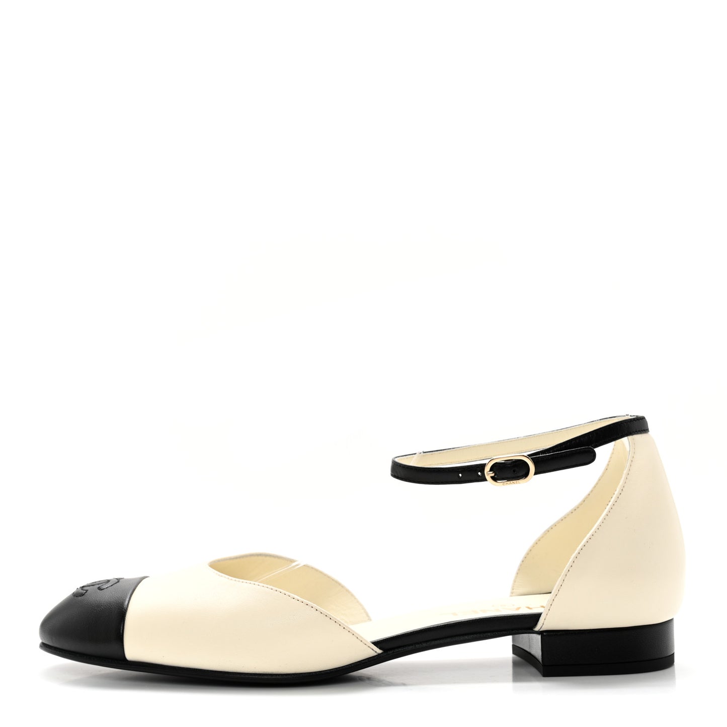 Lambskin Cap Toe CC Ankle Strap Flats 41 Ivory Black