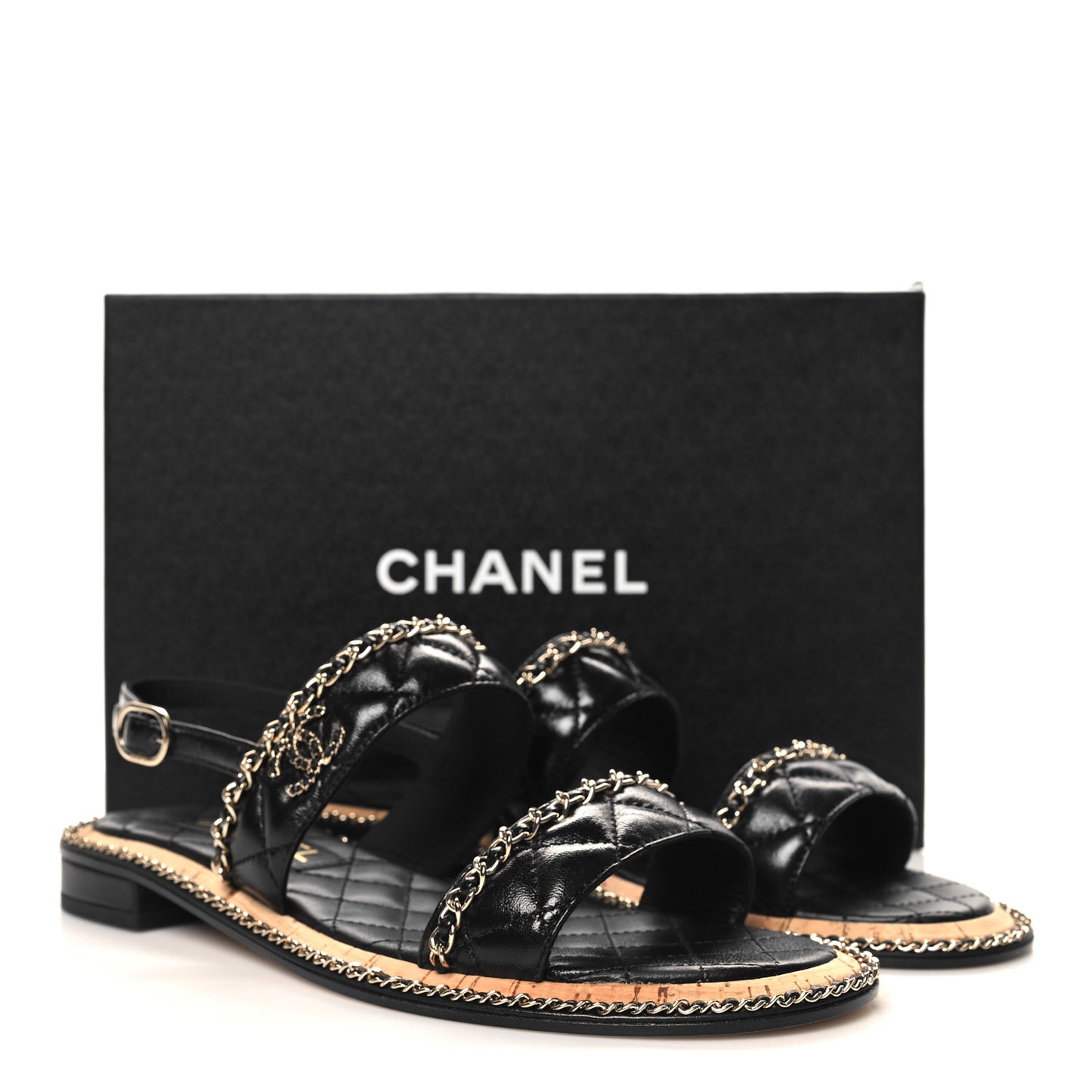 Shiny Lambskin Quilted Chain CC Sandals 40 Black