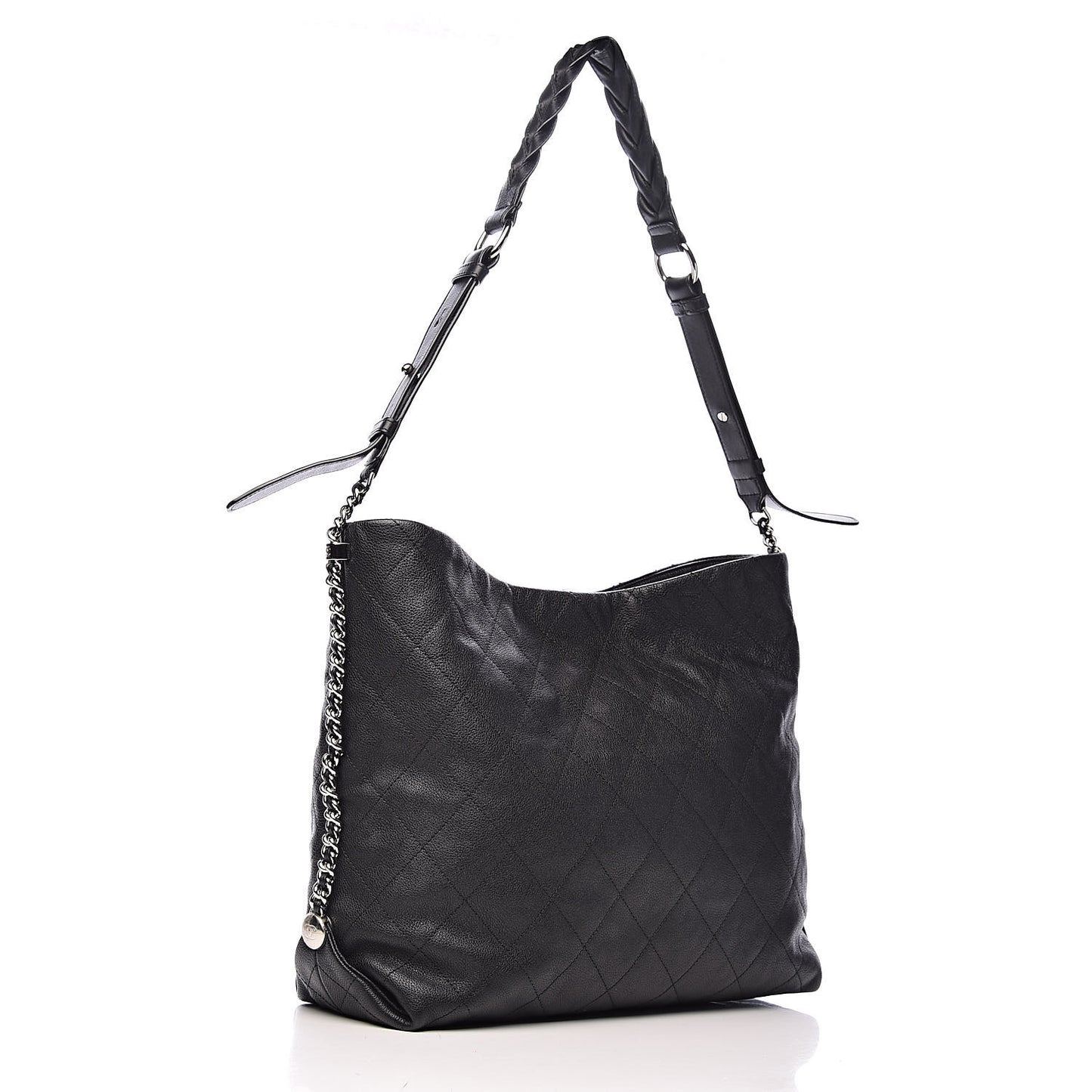 Grained Calfskin Stitched Medium Braided With Style Hobo Black