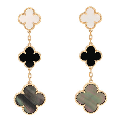 Van Cleef & Arpels 18K Yellow Gold Mother of Pearl Black Onyx 3 Motifs Magic Alhambra Earrings 1 of 4