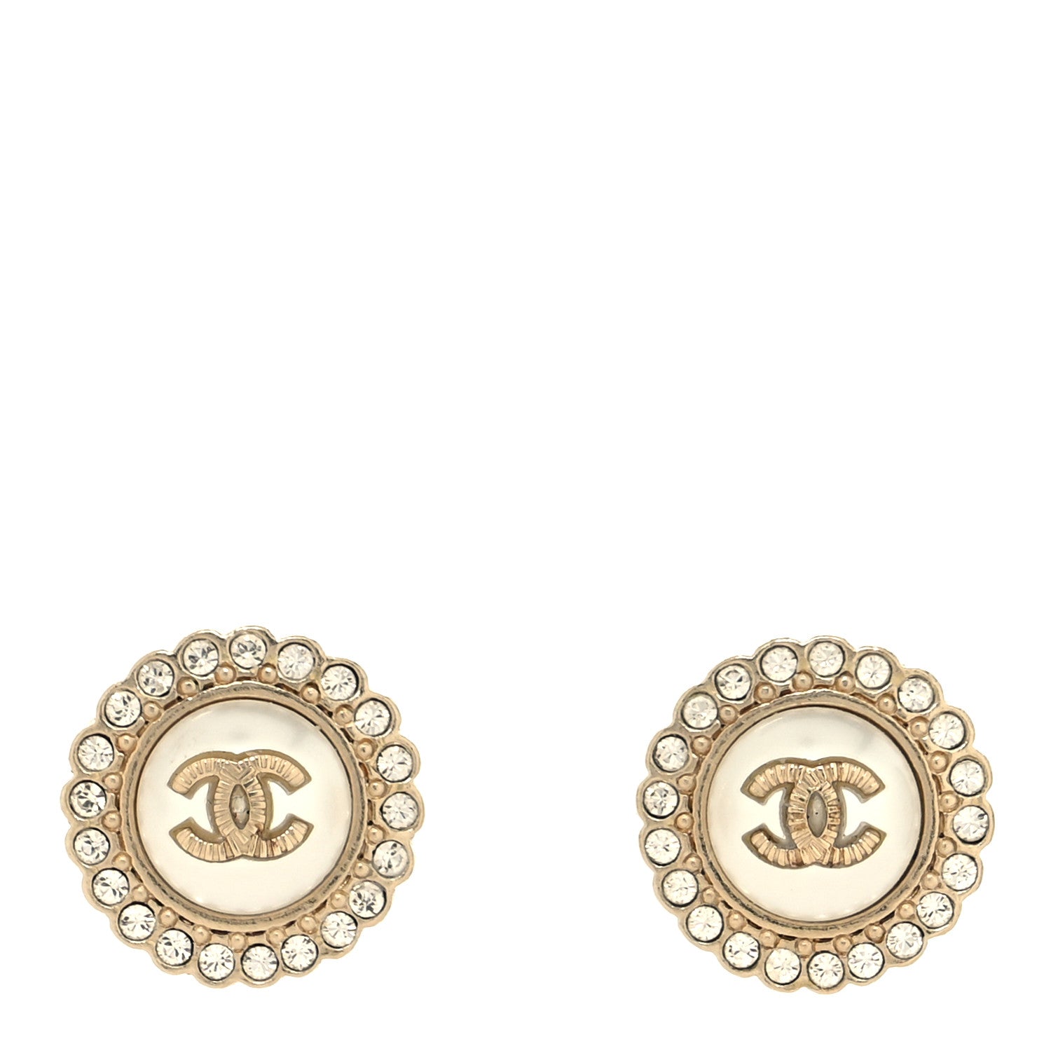 Chanel Metal Pearl Crystal CC Round Earrings Light Gold 1 of 4