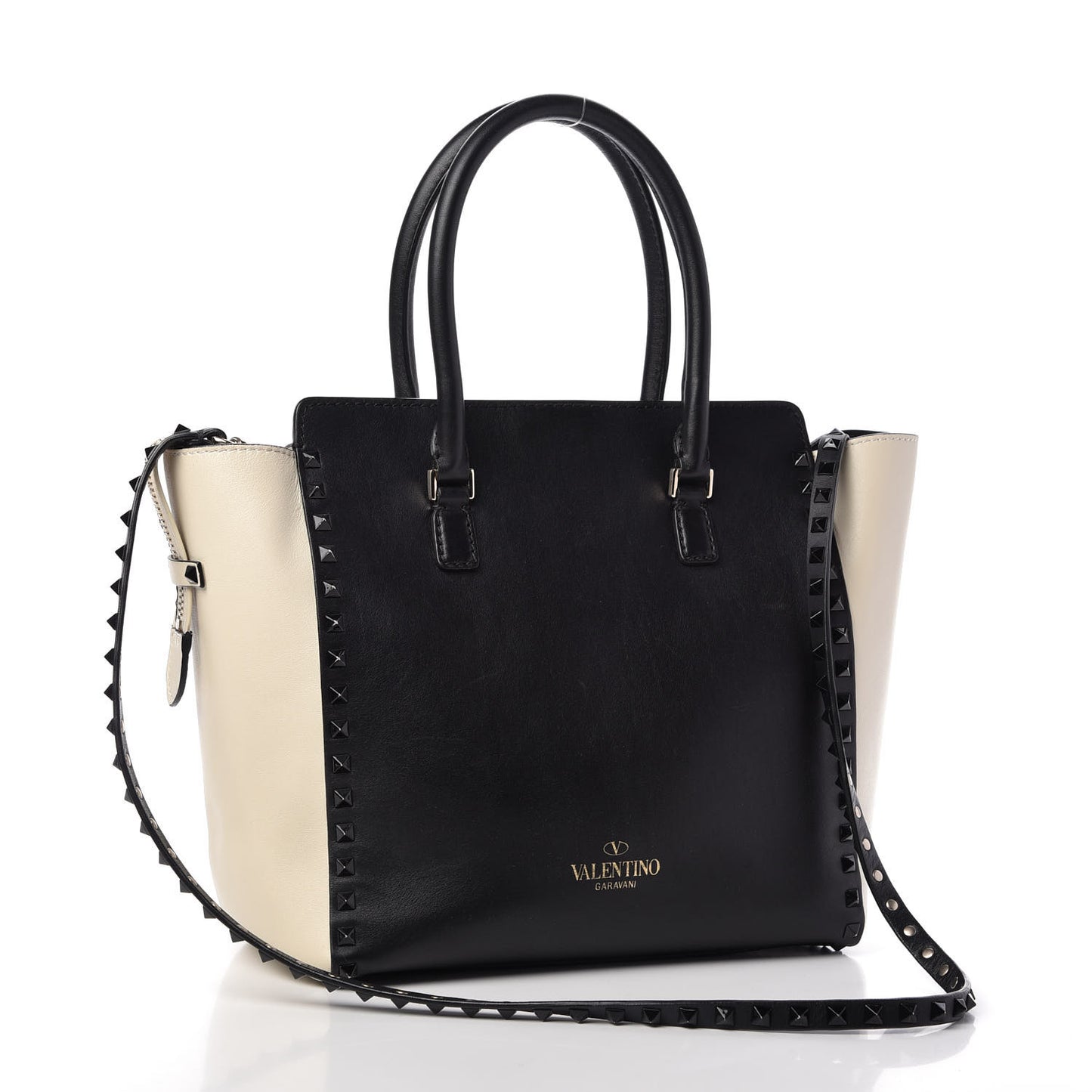 Vitello Bi-Color Rockstud Double Handle Tote Ivory Black