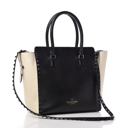 Valentino Garavani Vitello Bi-Color Rockstud Double Handle Tote Ivory Black 3 of 10
