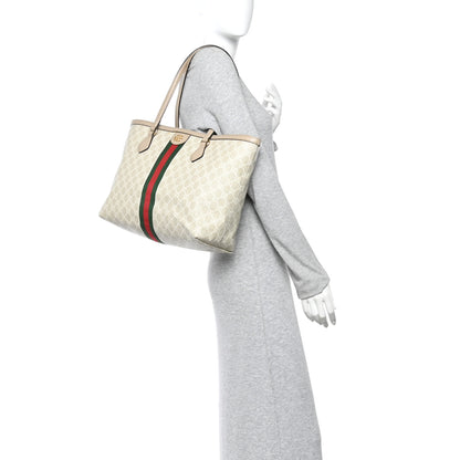 Gucci GG Supreme Monogram Textured Dollar Calfskin Web Medium Ophidia Shopping Tote Beige Mystic White Oatmeal 2 of 15