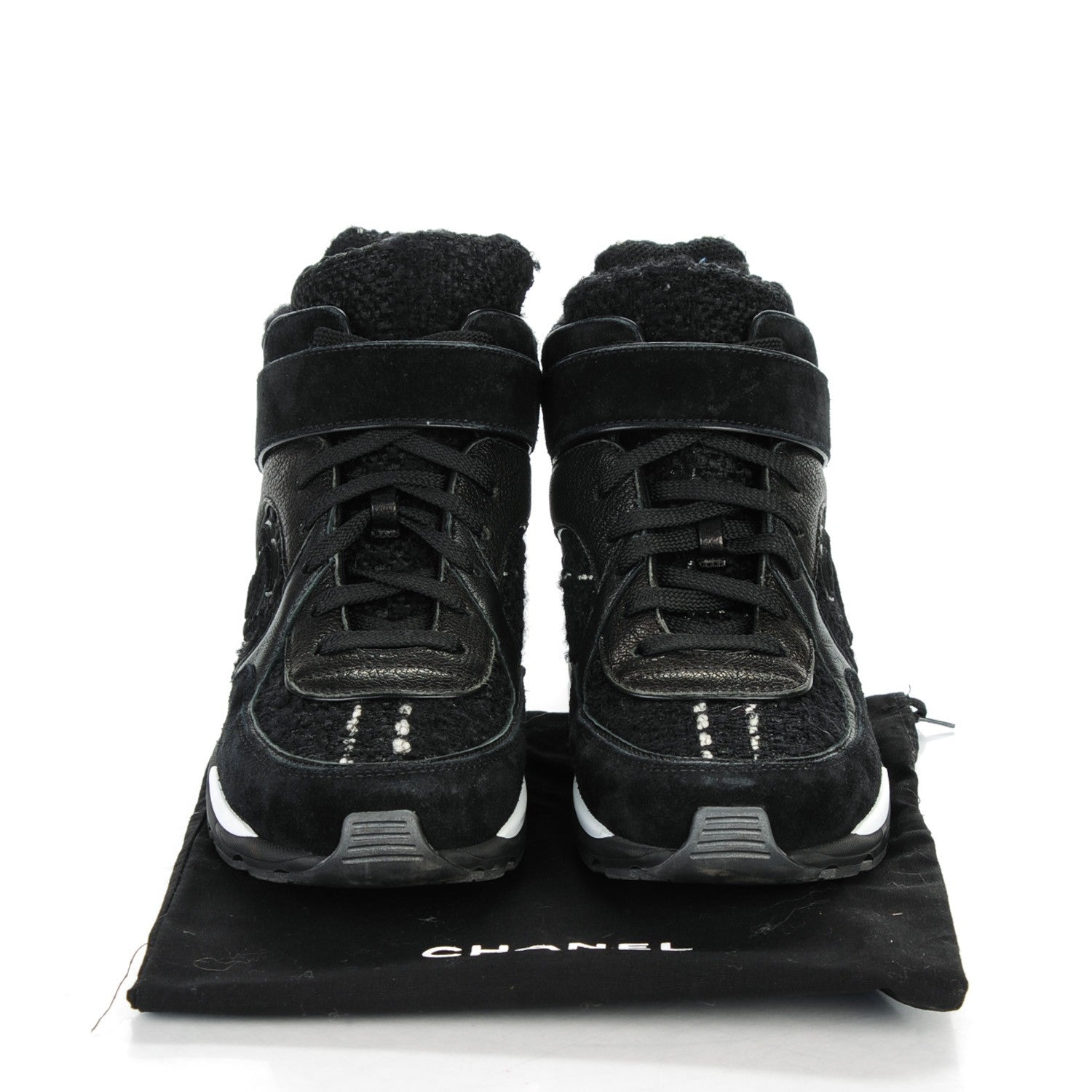 Chanel Tweed Suede Goatskin CC High Top Sneakers 37 Black White 7 of 7
