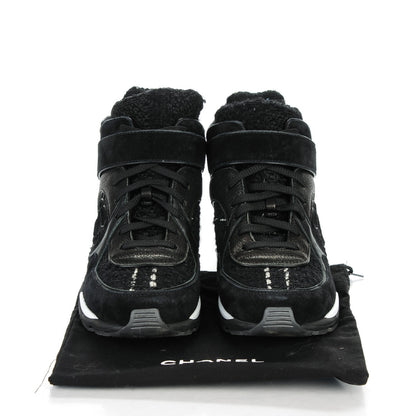 Chanel Tweed Suede Goatskin CC High Top Sneakers 37 Black White 7 of 7