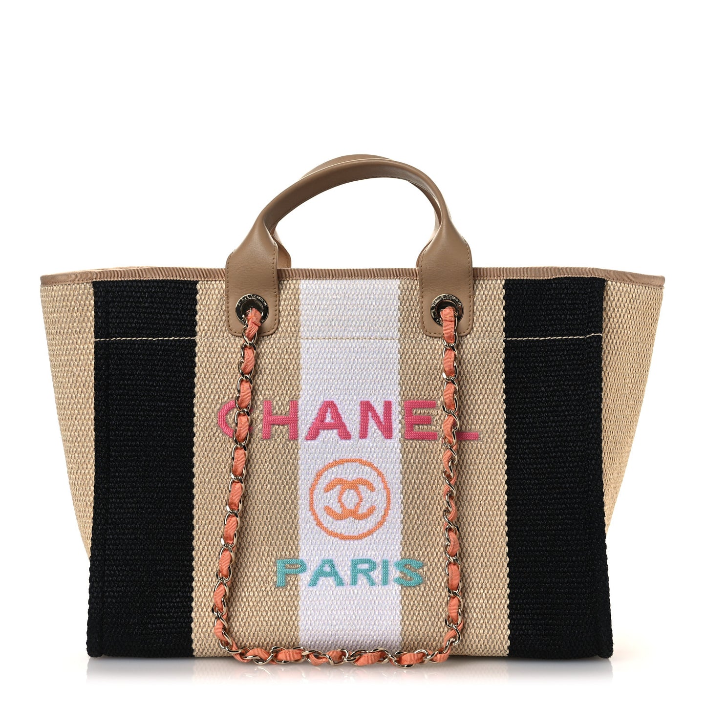 Straw Raffia Calfskin Striped Medium Deauville Tote Black Beige Ivory