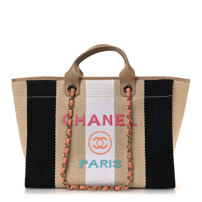 Chanel Straw Raffia Calfskin Striped Medium Deauville Tote Black Beige Ivory 1 of 14