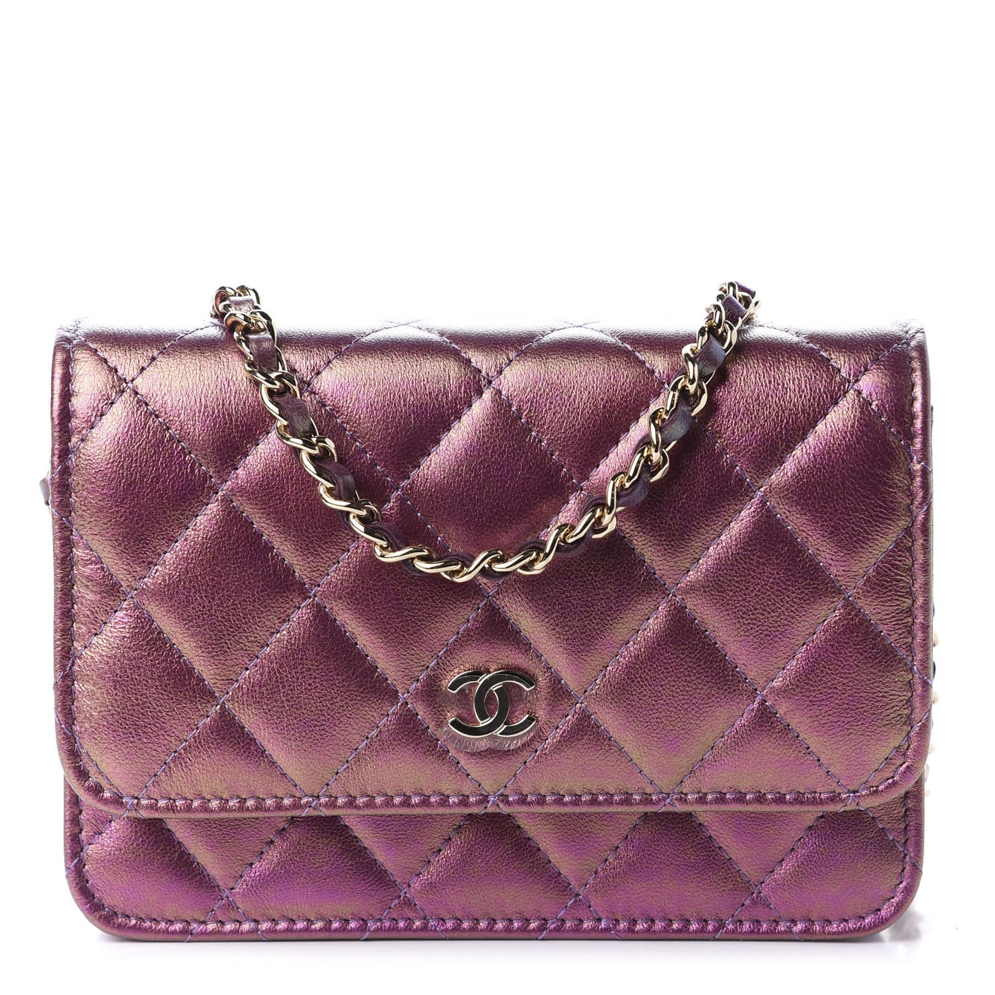 Iridescent Lambskin Quilted Mini Wallet On Chain WOC Purple
