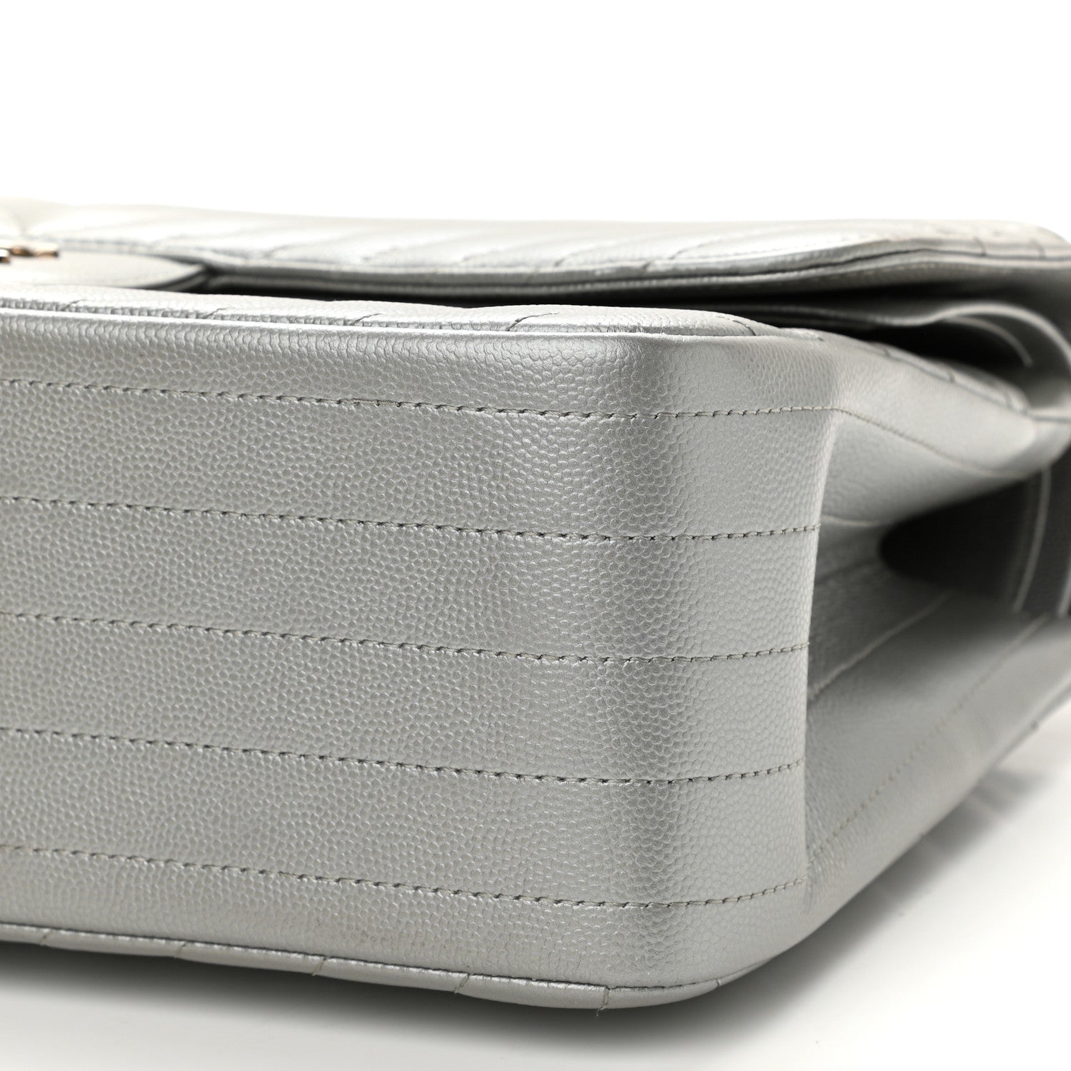 Chanel Metallic Caviar Chevron Quilted Jumbo Double Flap Silver 10 of 12
