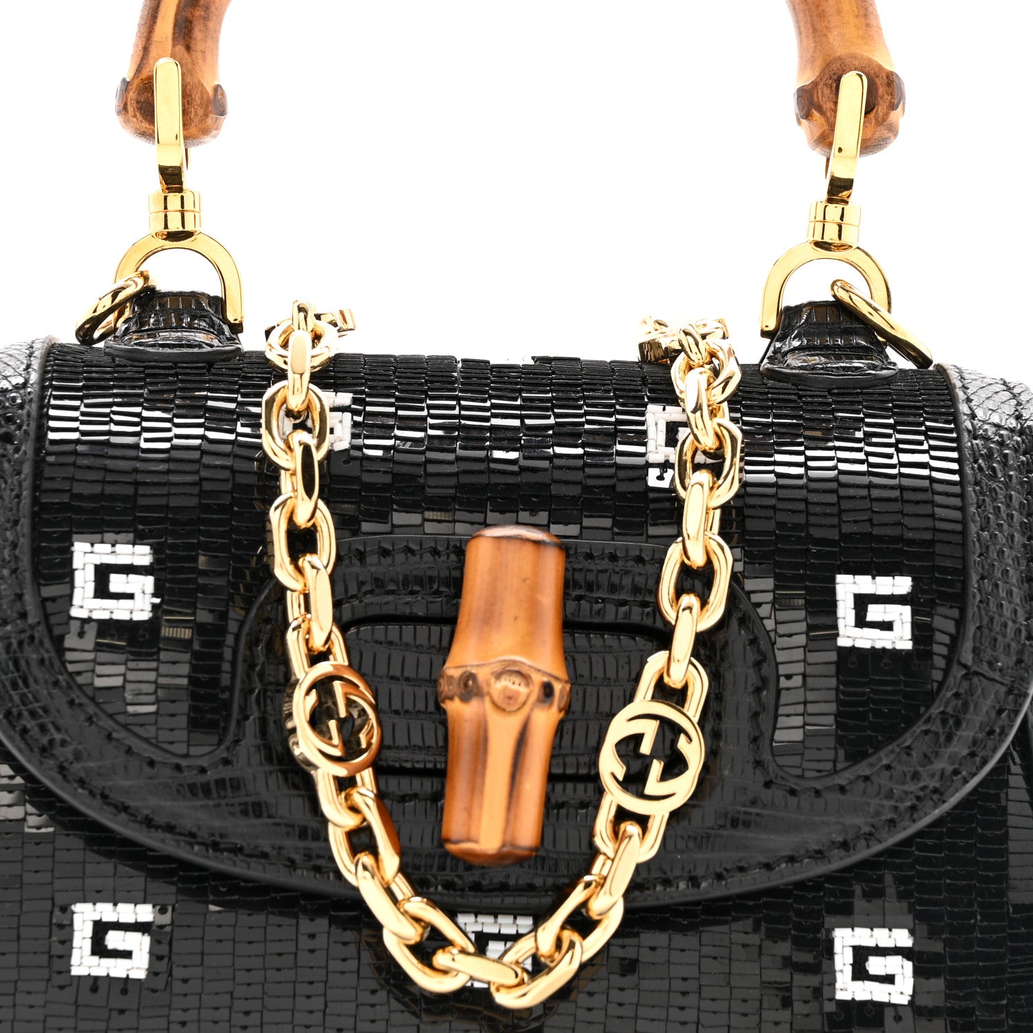 Gucci Sequin Lizard Embossed GG Mini Bamboo 1947 Top Handle Chain