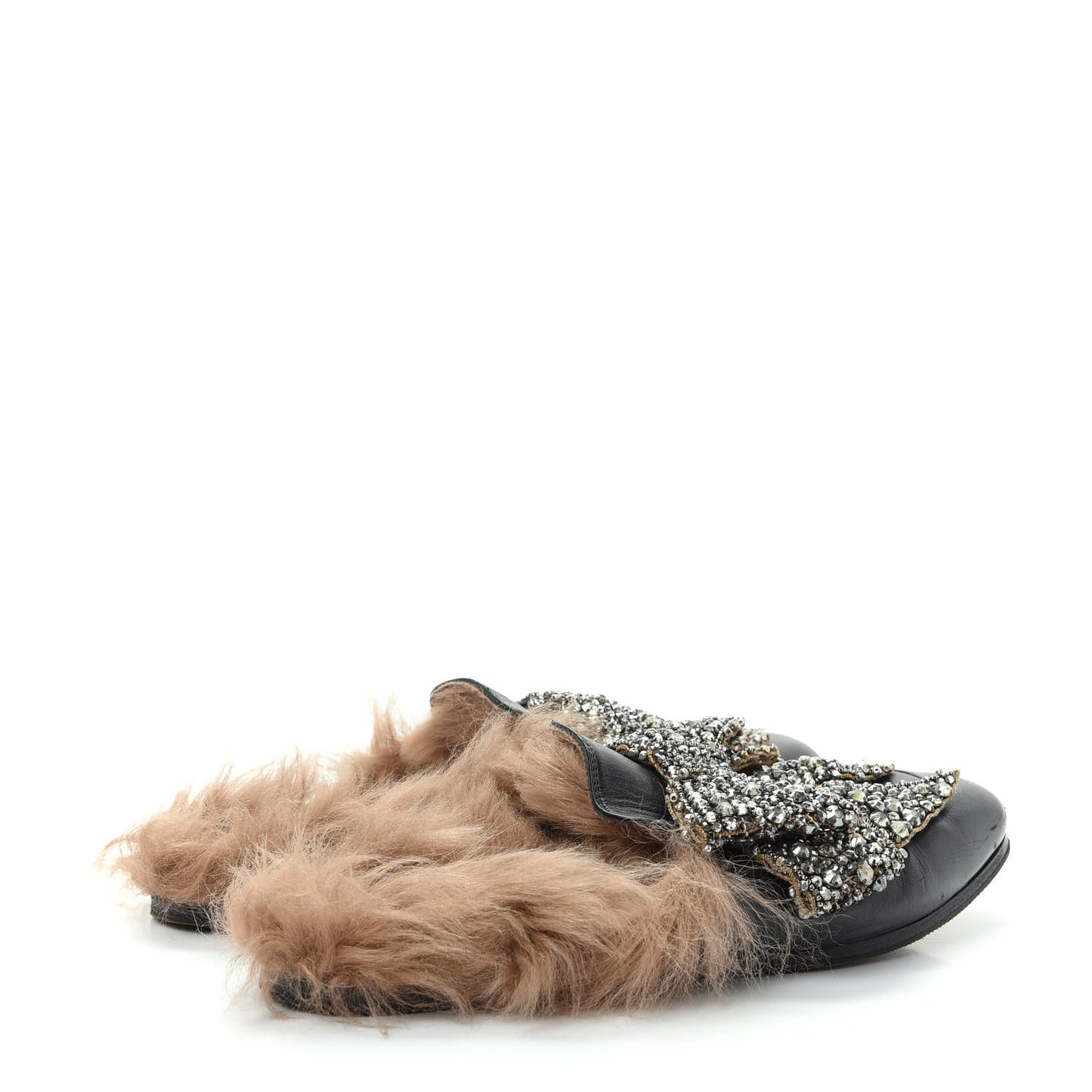 Malaga Kid Fur Crystal Bow Embroidered Womens Princetown Slippers 36 Black