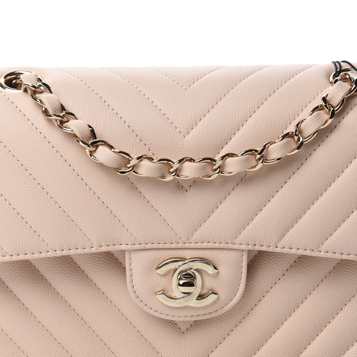 Caviar Chevron Quilted Small Double Flap Beige