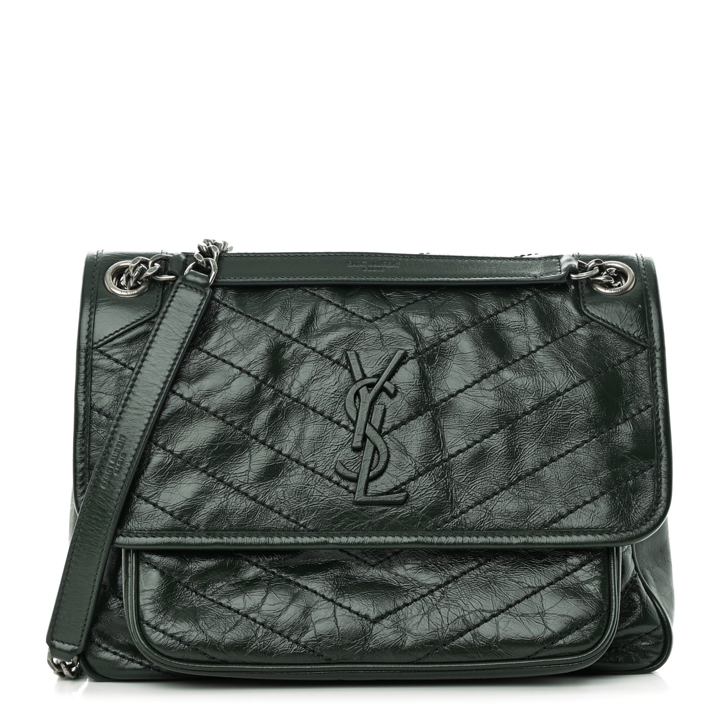SAINT LAURENT Crinkled Lambskin Matelasse Monogram Medium Niki Chain Satchel Green
