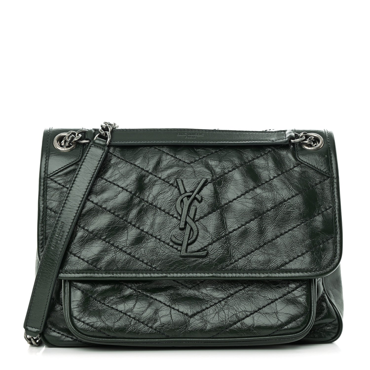 Saint Laurent SAINT LAURENT Crinkled Lambskin Matelasse Monogram Medium Niki Chain Satchel Green 1 of 14