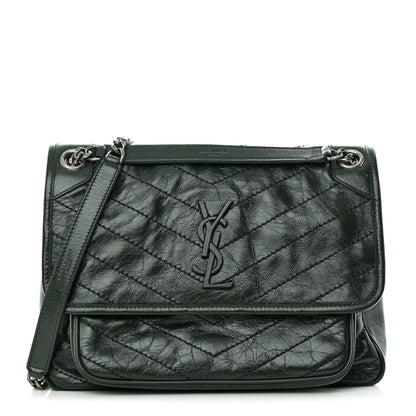 Saint Laurent SAINT LAURENT Crinkled Lambskin Matelasse Monogram Medium Niki Chain Satchel Green 1 of 14