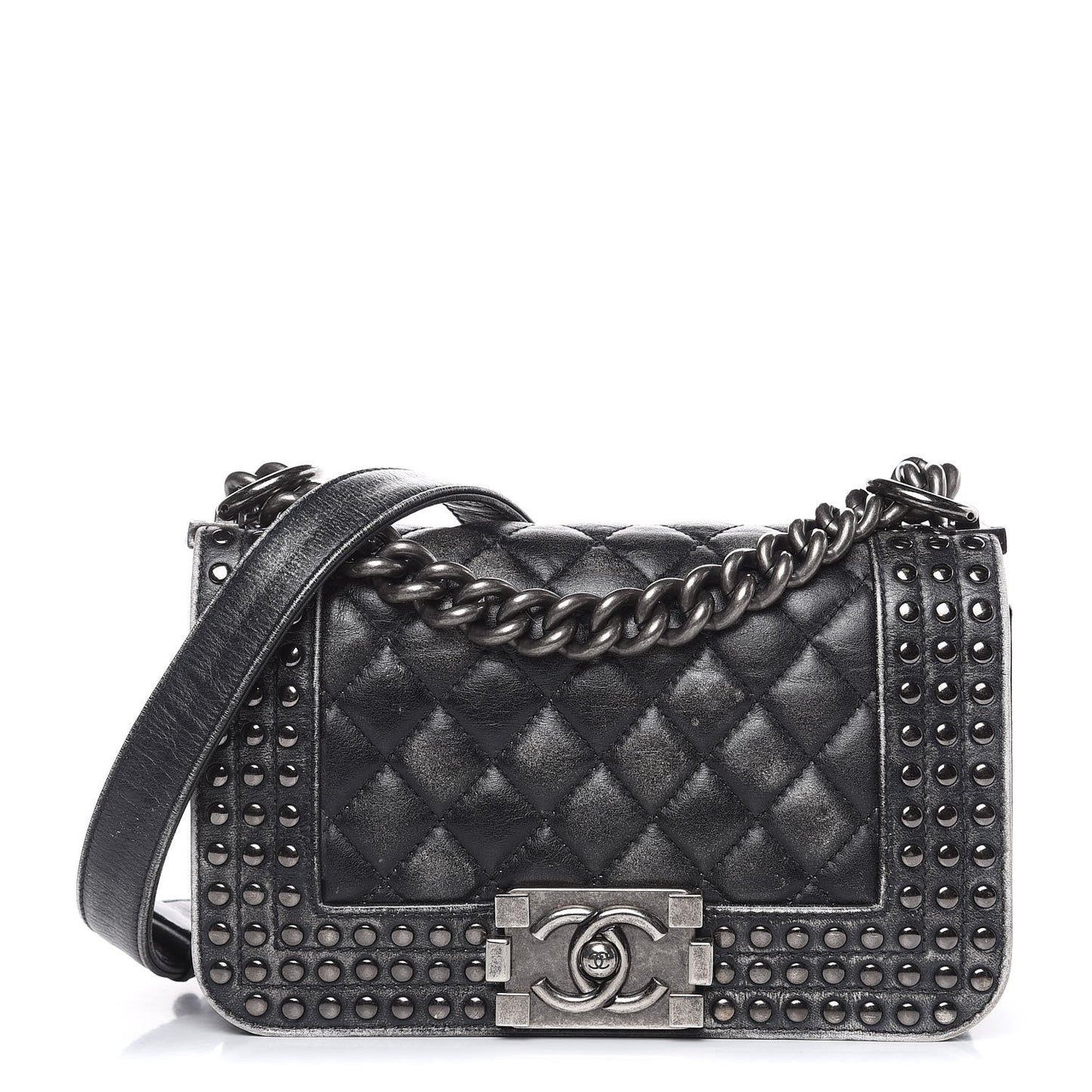 Faded Calfskin Quilted Small Studded Boy Flap Grey