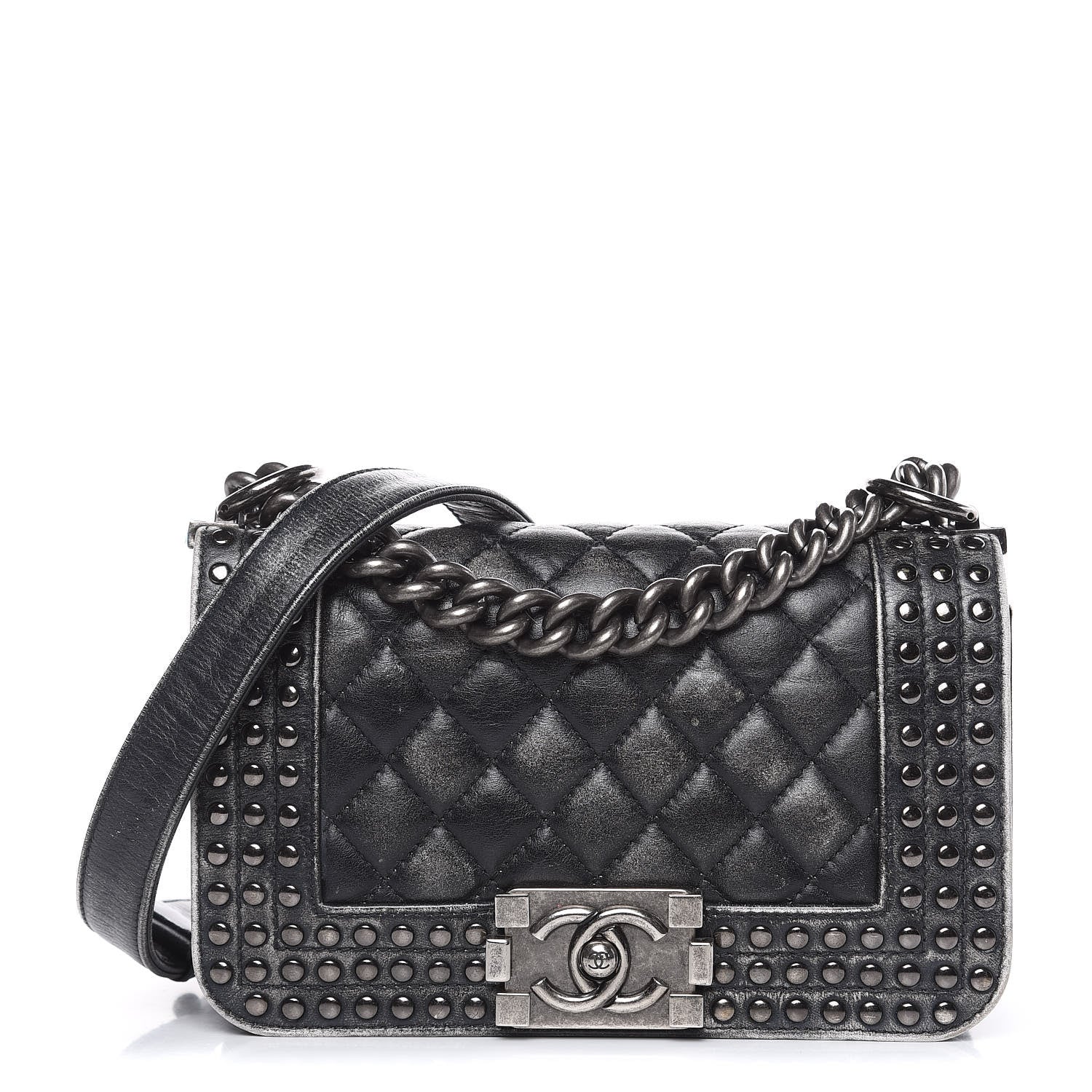 Chanel Faded Calfskin Quilted Small Studded Boy Flap Grey 1 of 14