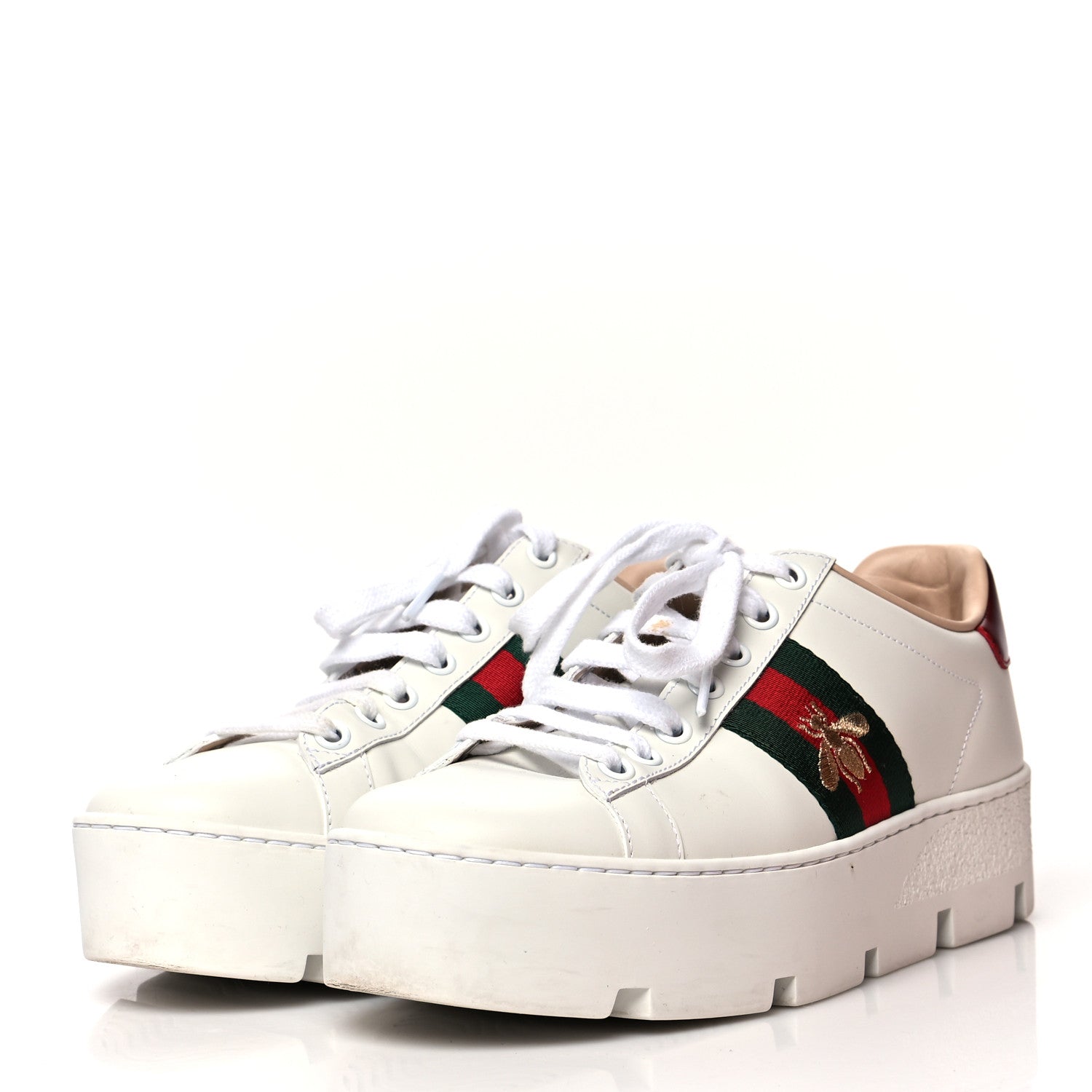 Gucci Calfskin Web Bee Embroidered Womens Ace Platform Sneakers 36 White 3 of 11