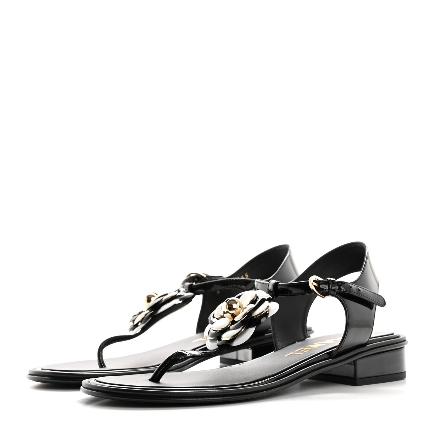 Patent Calfskin Camellia Thong Sandals 38 Black White